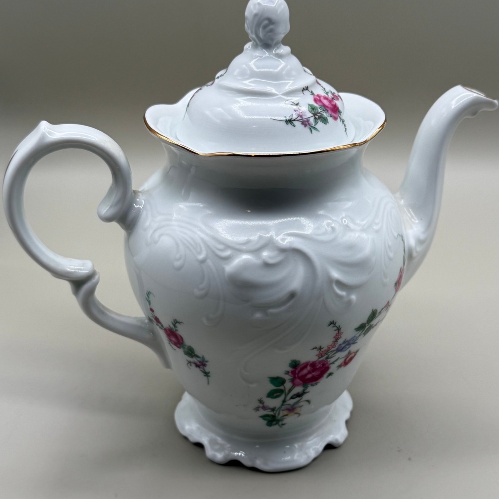 Wawel Poland Porcelain Teapot Pink Roses Gold Trim Embossed White Floral Vintage - Picture 4 of 7